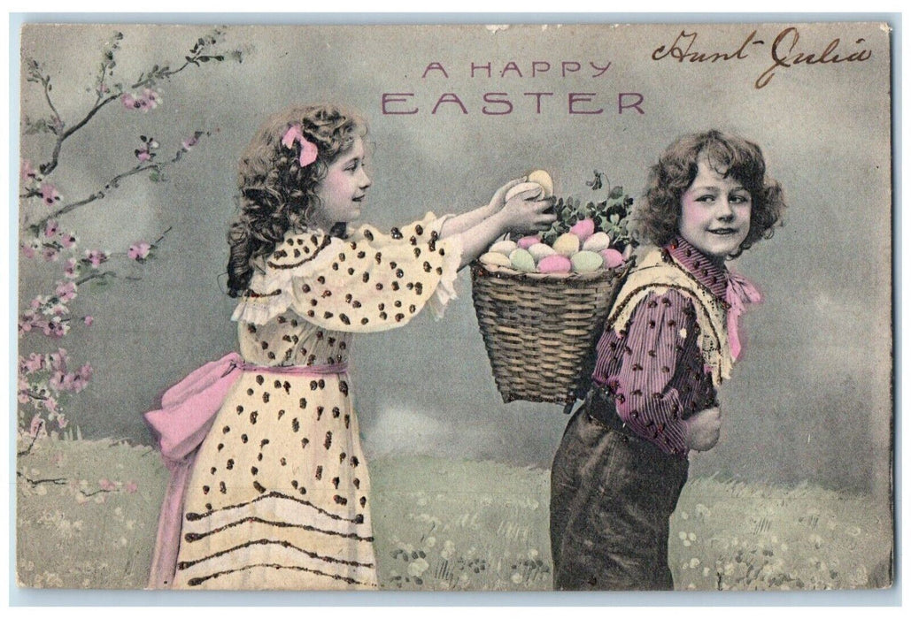 c1910's Happy Easter Children Collecting Eggs Basket Posted Antique Postcard