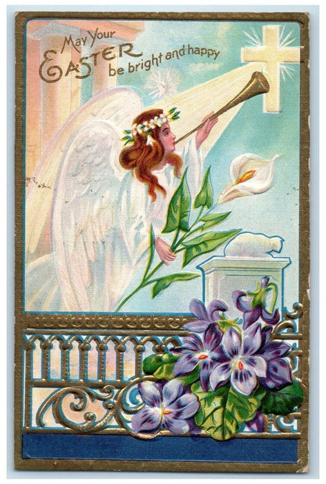 1911 Easter Holy Cross Angel Flute Pansies Flowers Winsch Back Embossed Postcard