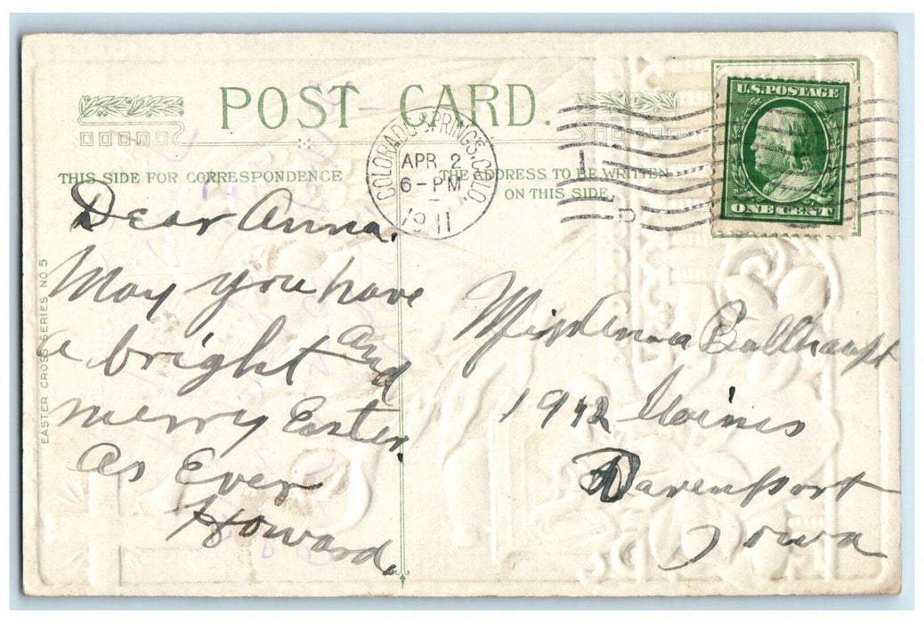1911 Easter Holy Cross Angel Flute Pansies Flowers Winsch Back Embossed Postcard
