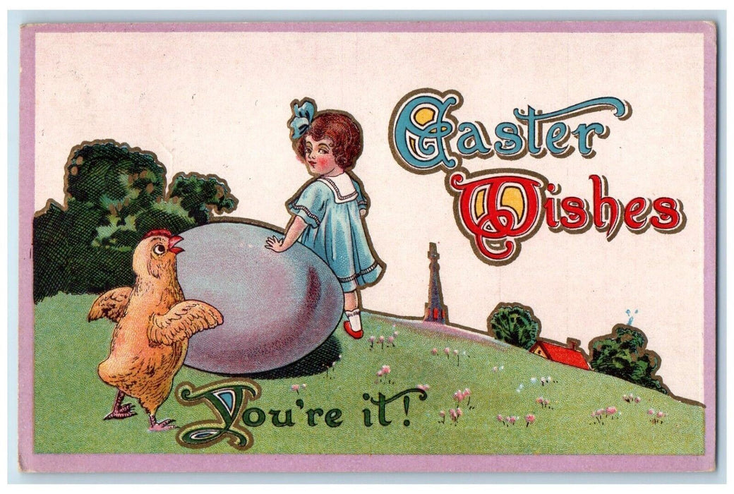 1913 Easter Wishes Girl Giant Egg Chick Embossed Lyons Clinton IA Postcard