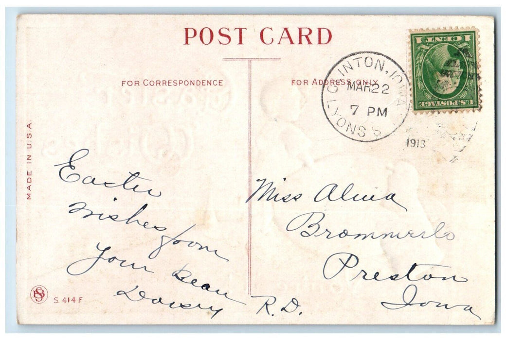 1913 Easter Wishes Girl Giant Egg Chick Embossed Lyons Clinton IA Postcard