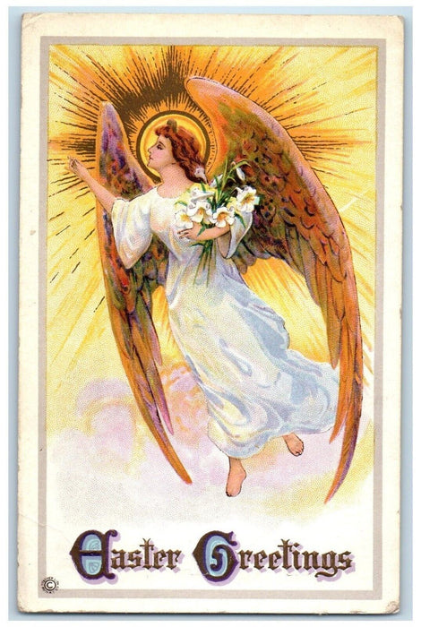 c1910's Easter Greetings Floating Angel Lilies Flowers Embossed Antique Postcard