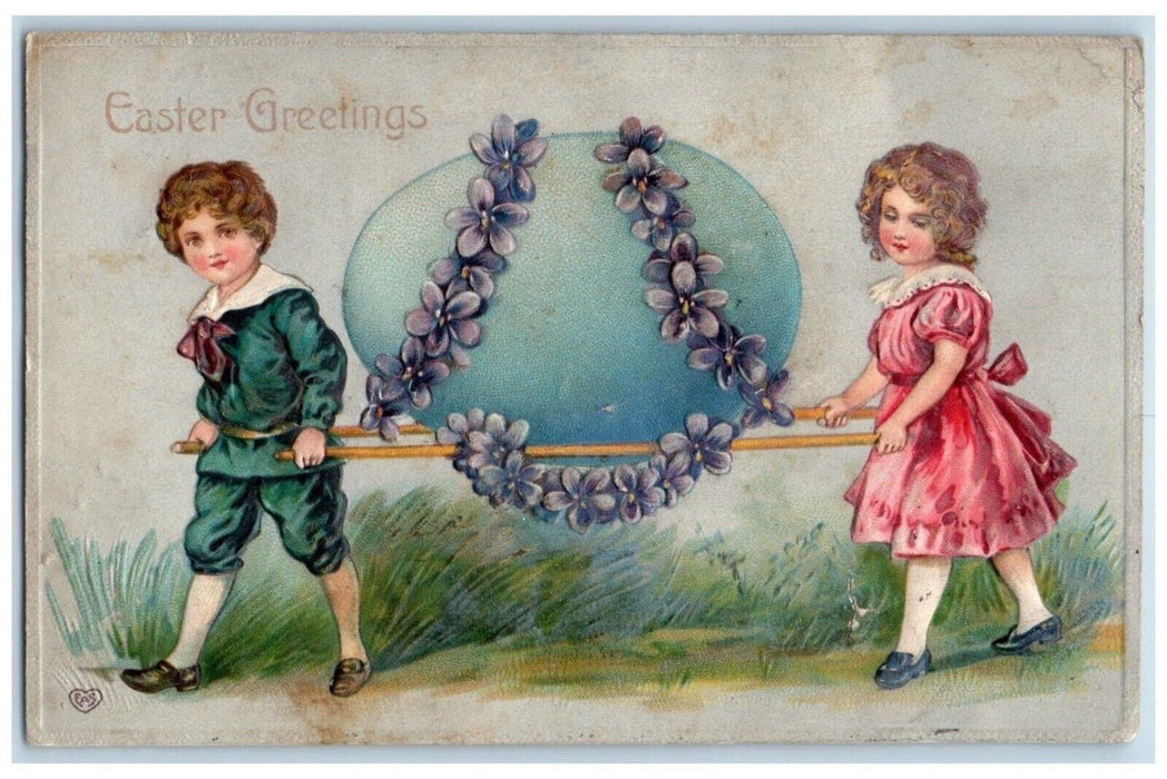 1909 Easter Greetings Children Carrying Giant Egg Flowers Embossed Postcard