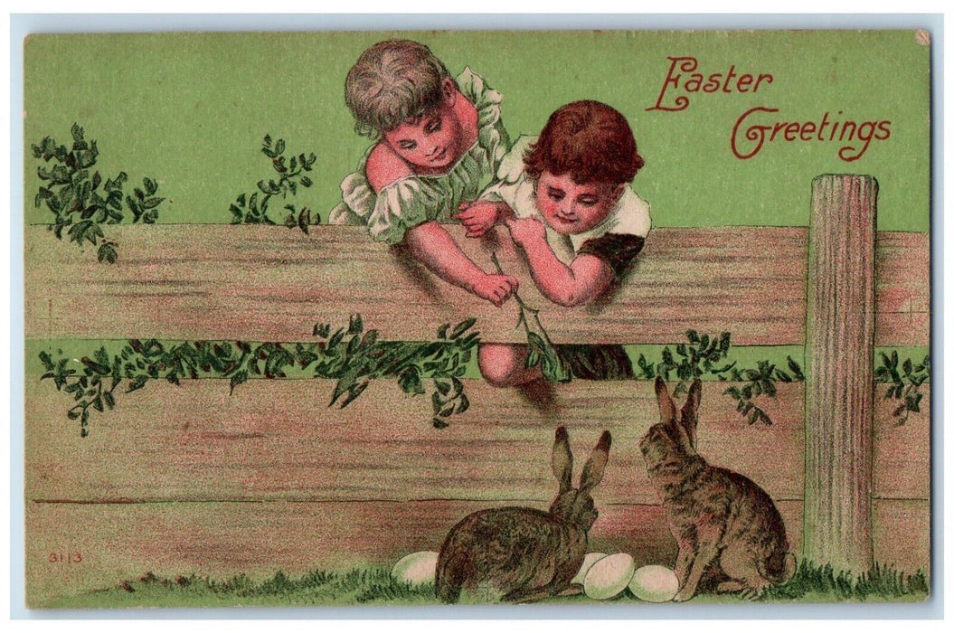 c1910's Easter Greetings Children Feeding Rabbits Egg Posted Antique Postcard