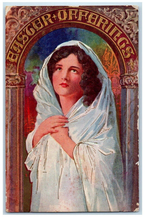 c1910's Easter Offerings Pretty Woman Curly Hair Embossed Antique Postcard