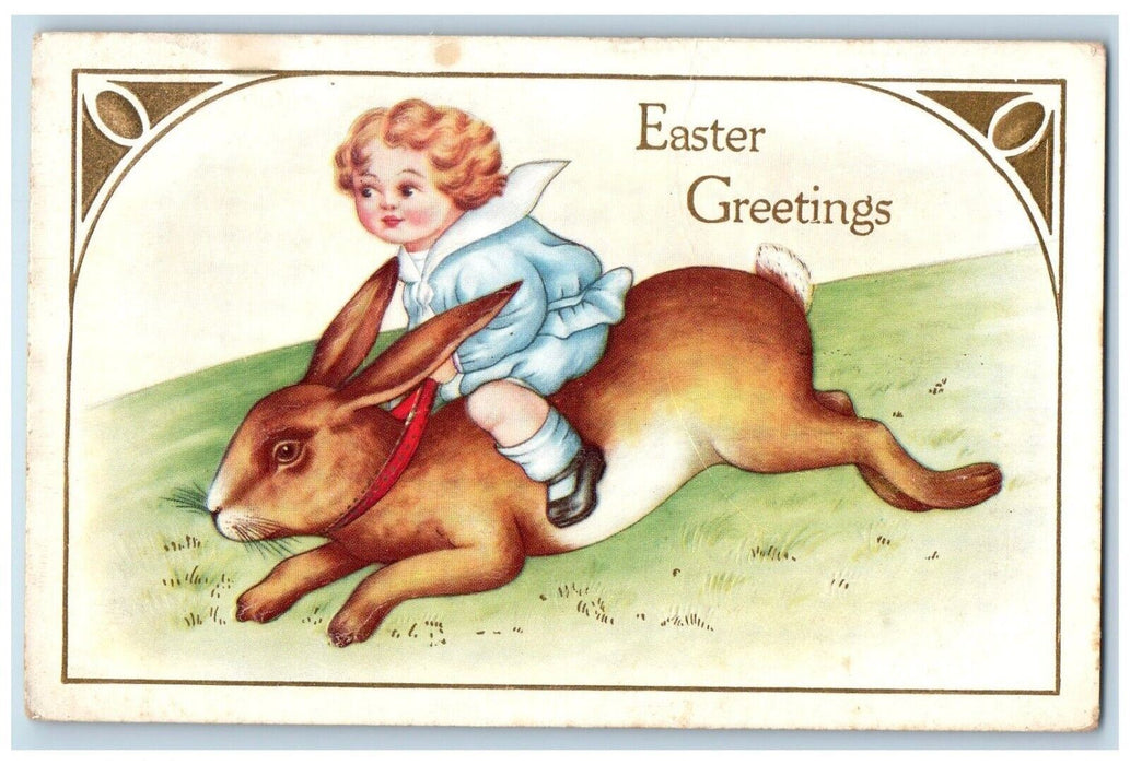 c1910's Easter Greetings Little Kid Riding Rabbit Embossed Antique Postcard