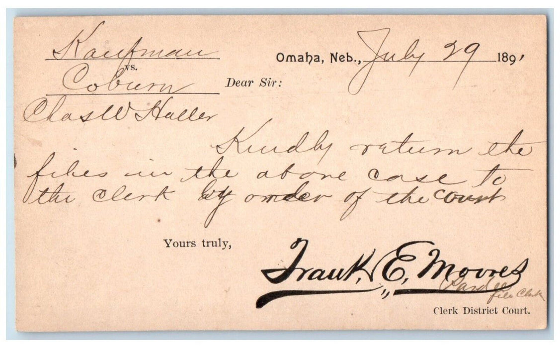 1897 Return Files Above Case Kaufman vs Coburn Omaha Nebraska NE Postal Card