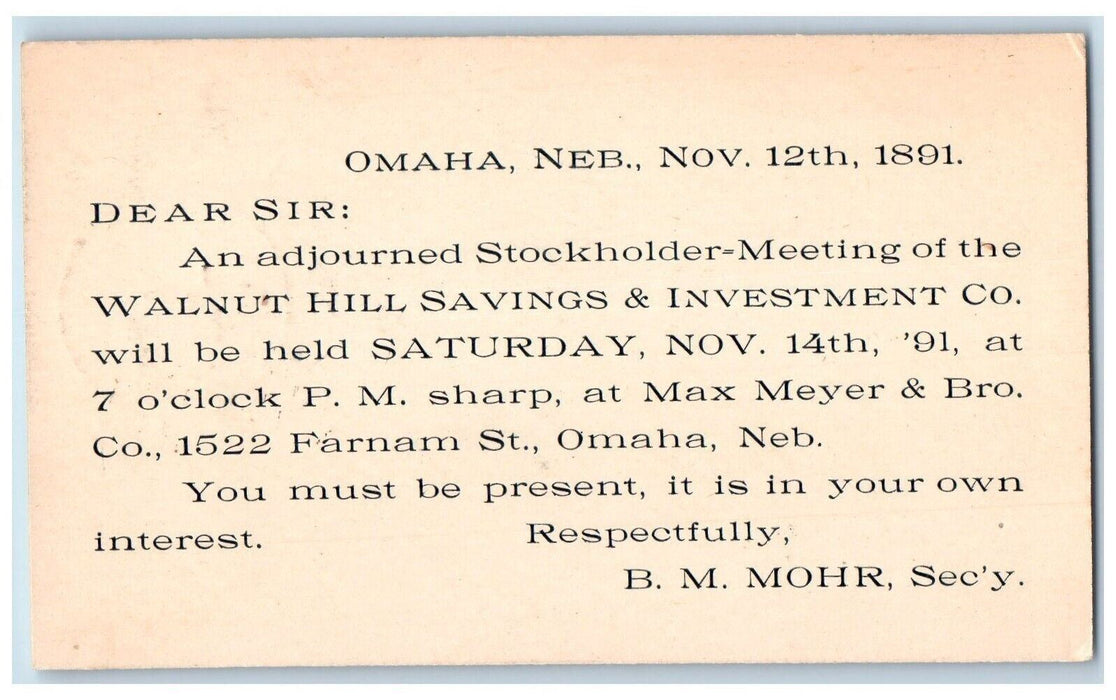1891 Stockholder-Meeting of Walnut Hill Savings & Investment Co. Postal Card