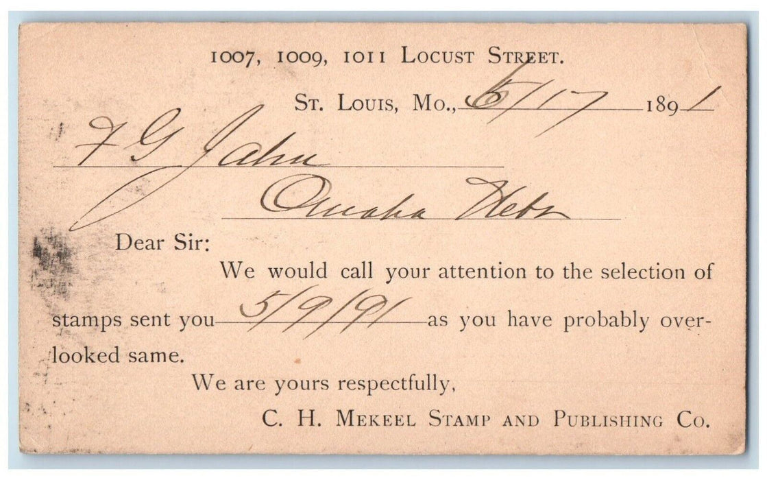 1891 C.H. Mekeel Stamp and Publishing Co. St. Louis Missouri MO Postal Card