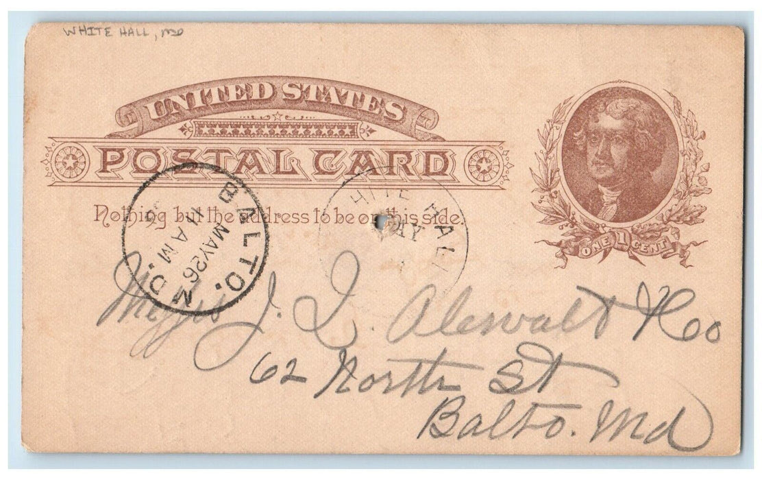 1886 JL Parrish White Hall Maryland MD Baltimore MD Antique Postal Card