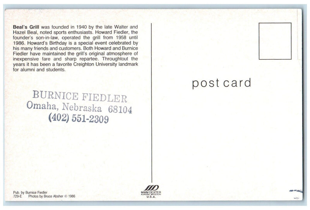 c1960 Beals Grill Burnice Fielder Omaha Nebraska NE Vintage Antique Postcard