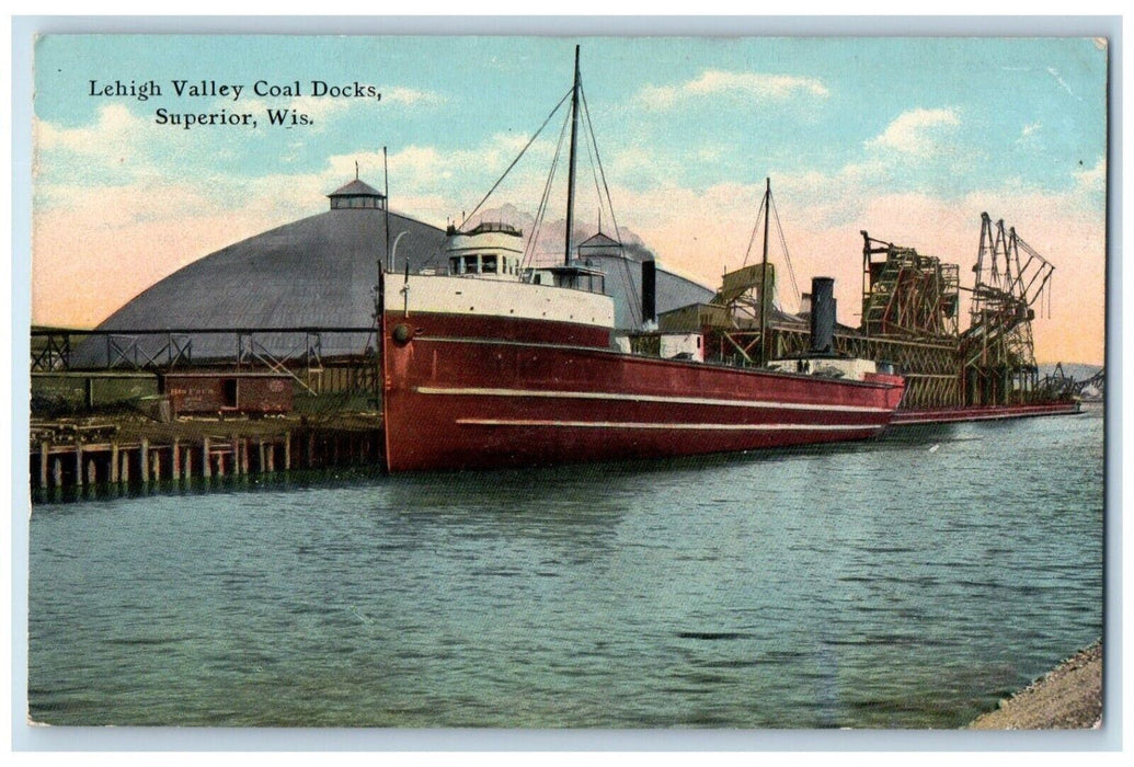c1910 Lehigh Valley Coal Docks Steamer Cargo Ship Superior Wisconsin WI Postcard