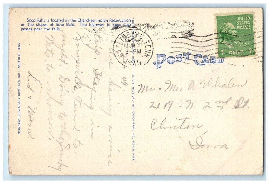 1949 Soco Falls Great Smoky Mountains Waterfalls Tennessee TN Vintage Postcard