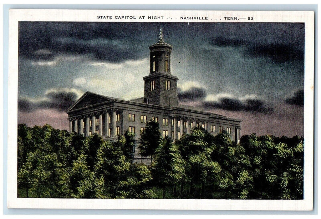c1940 State Capitol Night Moonlight Moon Nashville Tennessee TN Vintage Postcard