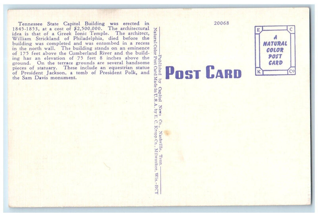 c1940 State Capitol Night Moonlight Moon Nashville Tennessee TN Vintage Postcard