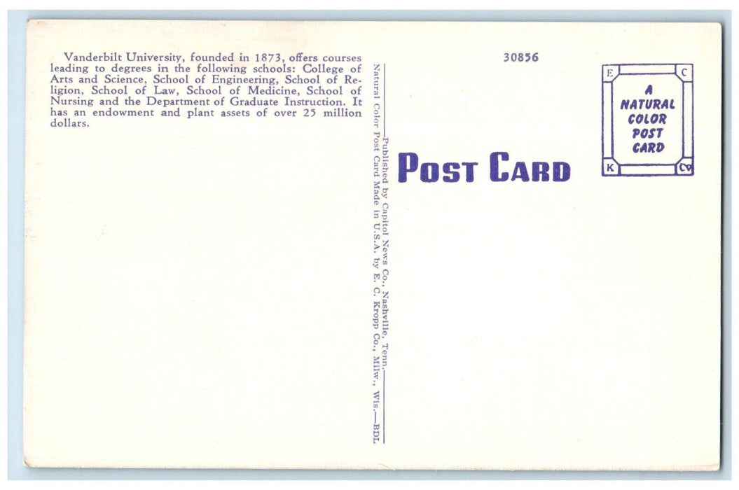 c1940 Furman Hall Vanderbilt University Nashville Tennessee TN Vintage Postcard