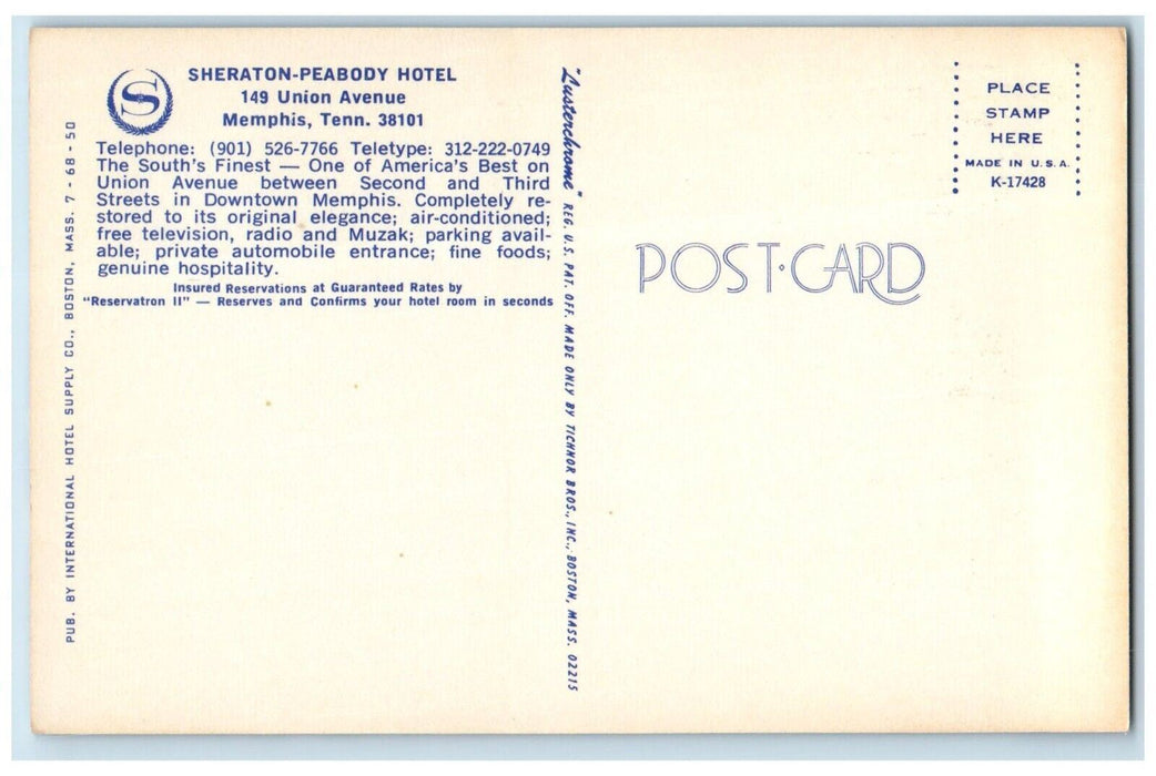 c1960 Sheraton Peabody Hotel Building Memphis Tennessee Antique Vintage Postcard