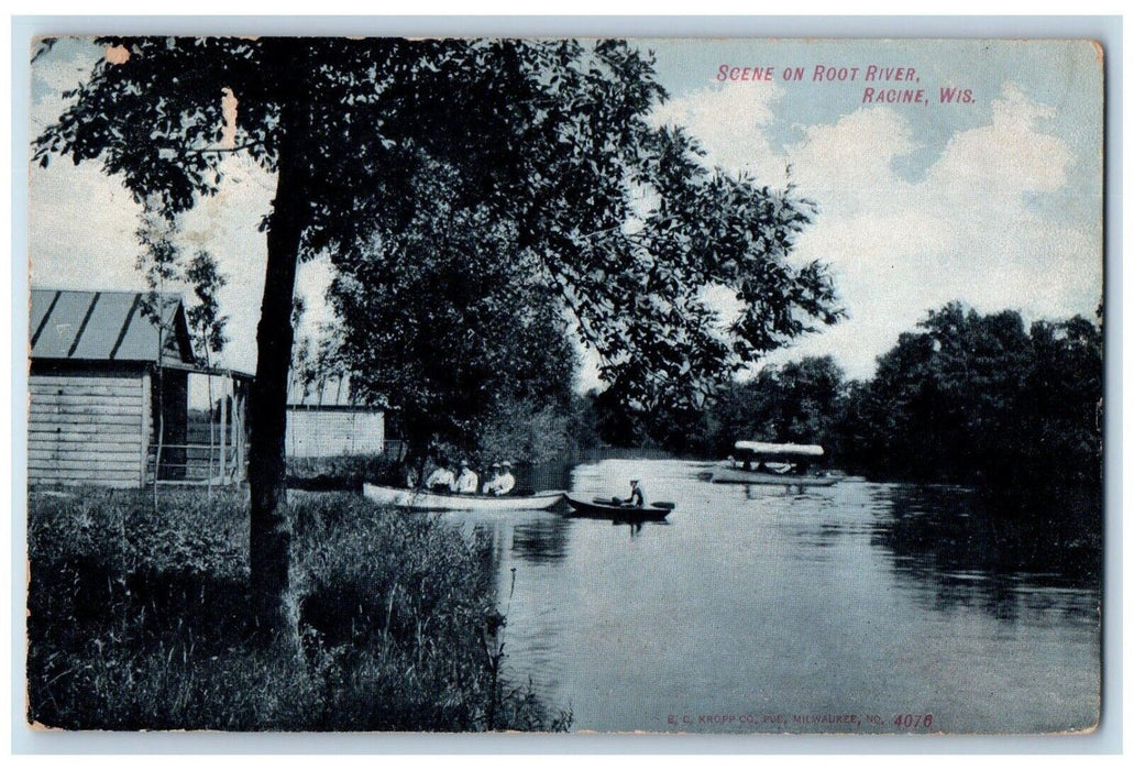 1909 Scene Root River Canoe Boat Racine Lake Wisconsin Vintage Antique Postcard