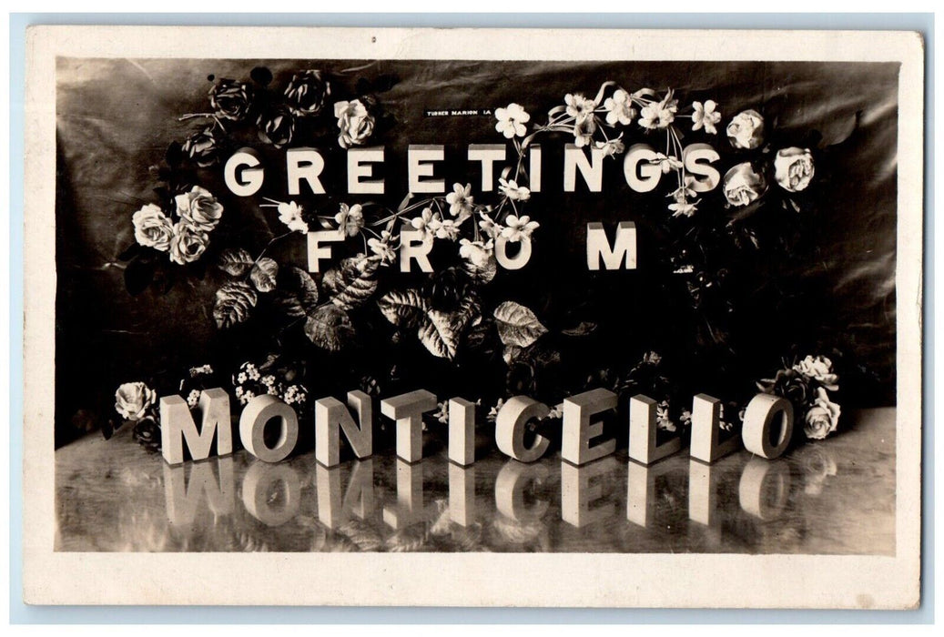 1914 Greetings From Montecillo Iowa IA Flowers Large Letters RPPC Photo Postcard