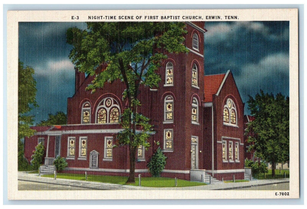 c1940 Night Time Scene First Baptist Church Erwin Tennessee TN Vintage Postcard