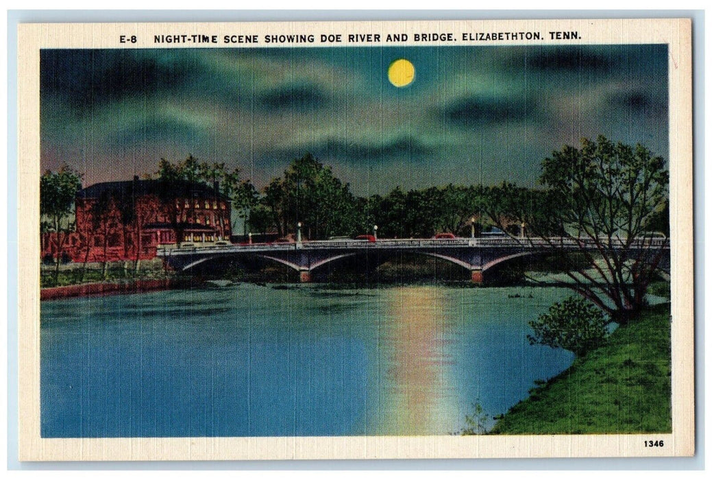 c1940 Night Time Scene Showing Doe River Bridge Elizabethton Tennessee Postcard