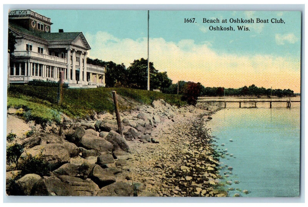 c1910 Beach Oshkosh Boat Club Exterior Building Rocks Oshkosh Wisconsin Postcard