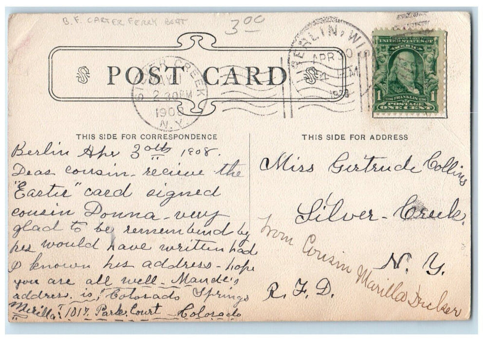 1908 B.F. Carter Ferry Boat Picnic Good Old Summer Oshkosh Wisconsin WI Postcard