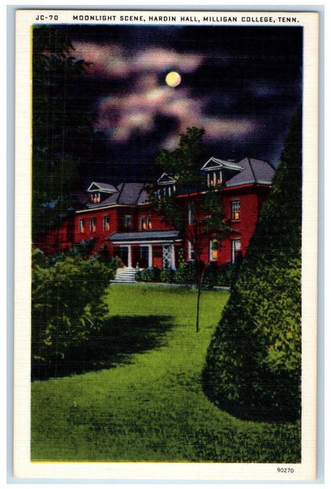 c1940 Moonlight Scene Hardin Hall Milligan College Tennessee TN Vintage Postcard