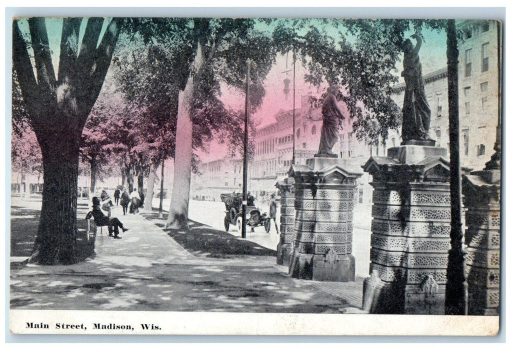 1912 Main Street Statue Sculpture Madison Wisconsin WI Christmas Stamp Postcard