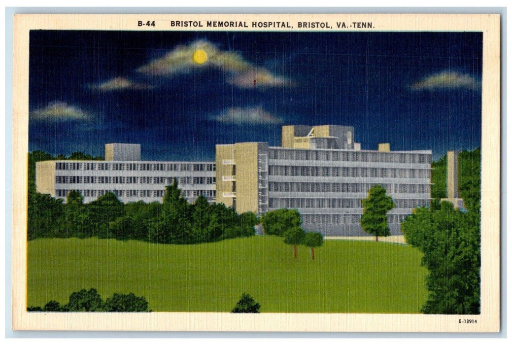 c1940 Night Scene Bristol Memorial Hospital Bristol Virginia Tennessee Postcard