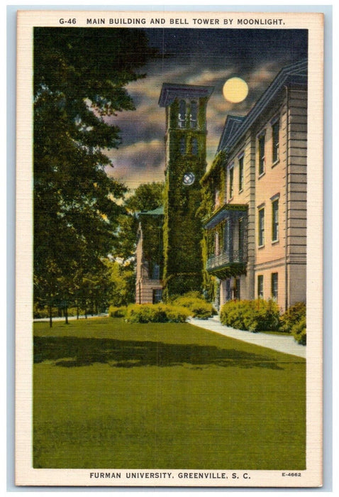 1940 Main Building Bell Tower Moonlight Furman University Greenville SC Postcard
