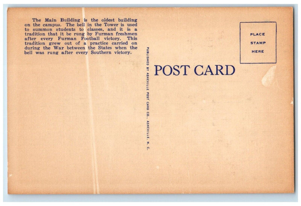 1940 Main Building Bell Tower Moonlight Furman University Greenville SC Postcard
