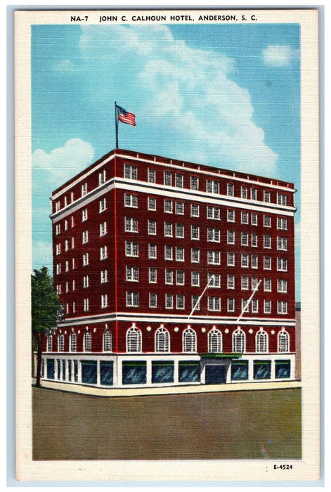 c1940 John Calhoun Hotel Building Anderson South Carolina SC Vintage Postcard