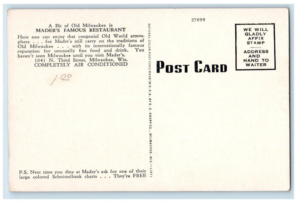 c1940 Old Milwaukee Mader's Famous Restaurant Chair Milwaukee Wisconsin Postcard