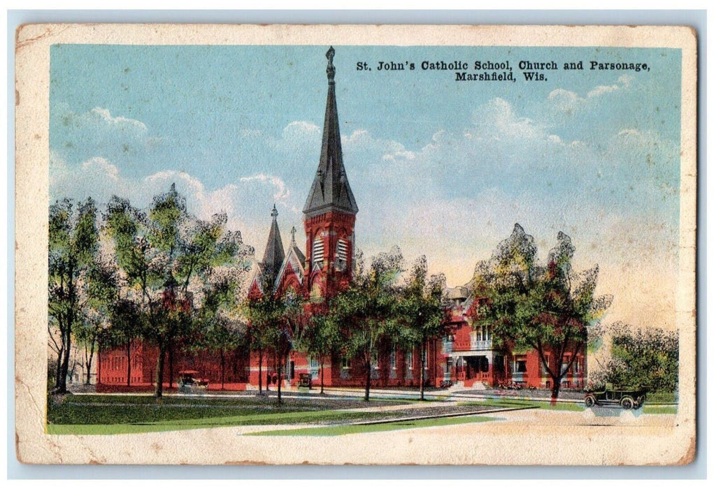 c1910 St. John's Catholic School Church Parsonage Marshfield Wisconsin Postcard