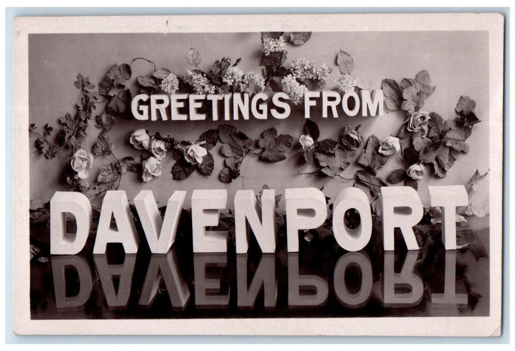 Greetings From Davenport Iowa IA, Flowers Large Letters RPPC Photo Postcard