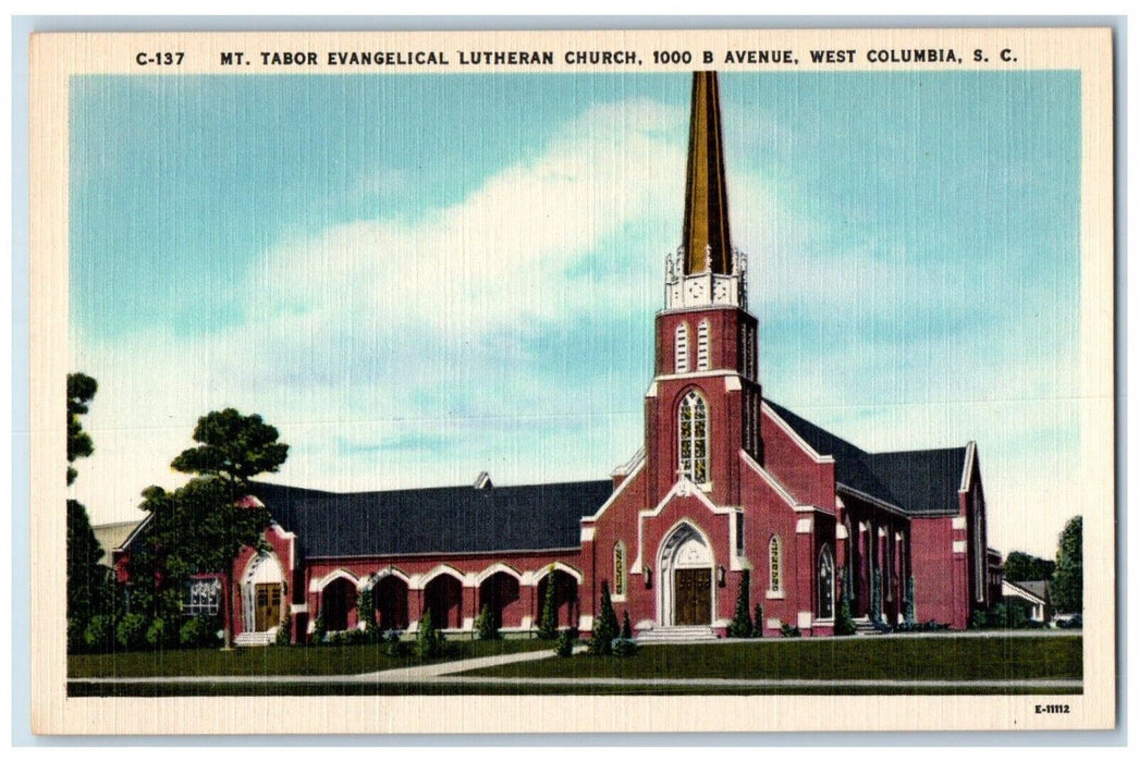 c1940 Mt Tabor Evangelical Lutheran Church West Columbia South Carolina Postcard