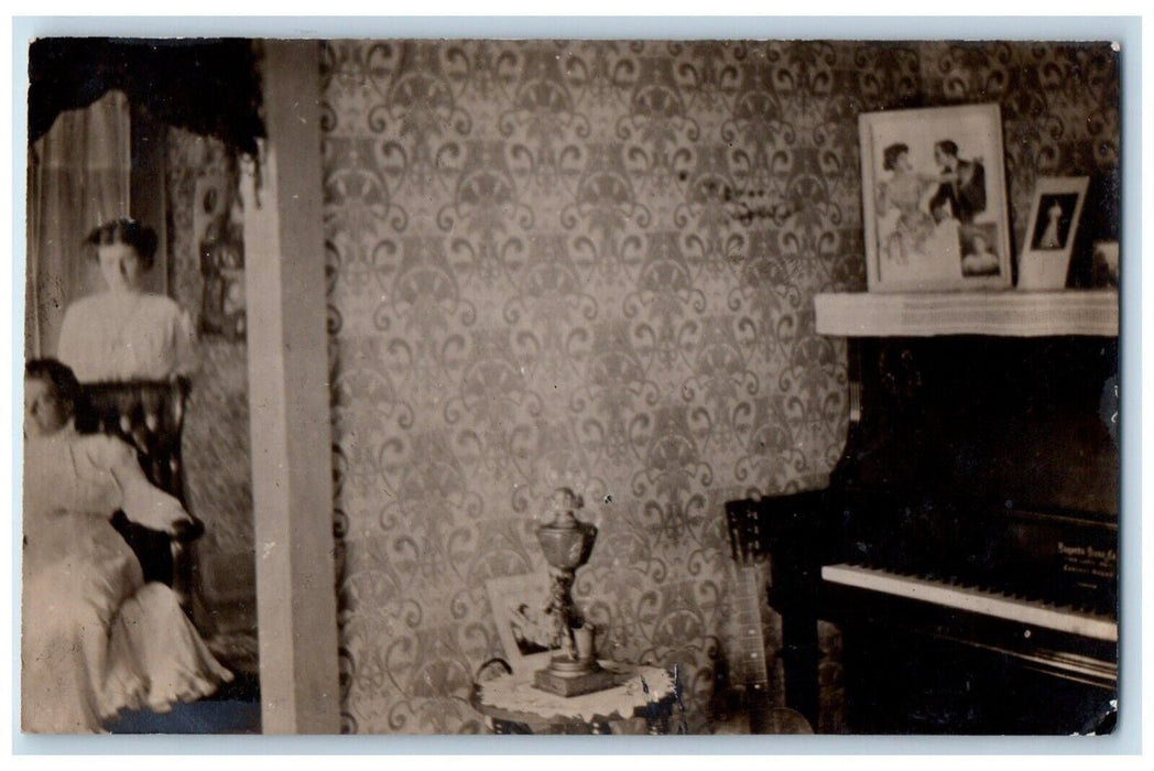 1909 Residence Home Interior Parlor Piano Women Coleridge NE RPPC Photo Postcard