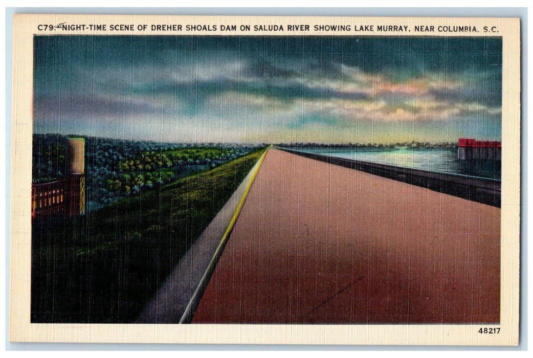 c1940 Night Time Scene Dreher Shoals Dam Saluda South Carolina Vintage Postcard