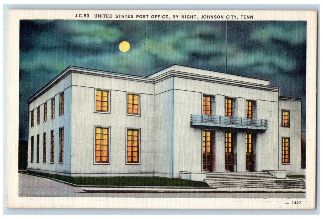 c1940 United State Post Office Night Johnson City Tennessee TN Vintage Postcard