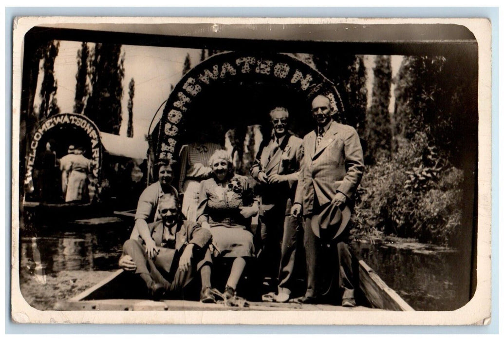 1943 Family Vacation Flowers Men Women Xochimilco Mexico RPPC Photo Postcard