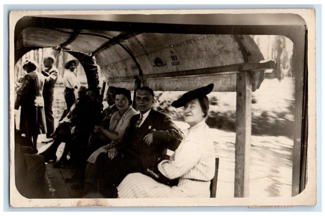 1943 Family Vacation Boat US Censor Xochimilco Mexico City RPPC Photo Postcard