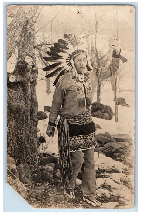 c1910's Native American Indian Headdress Wisconsin Dells WI RPPC Photo Postcard