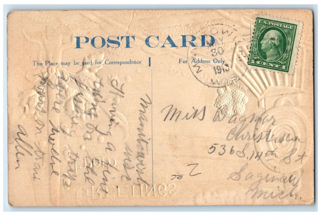 1913 Greetings From Manitowish Locomotive Airbrush Embossed Wisconsin Postcard