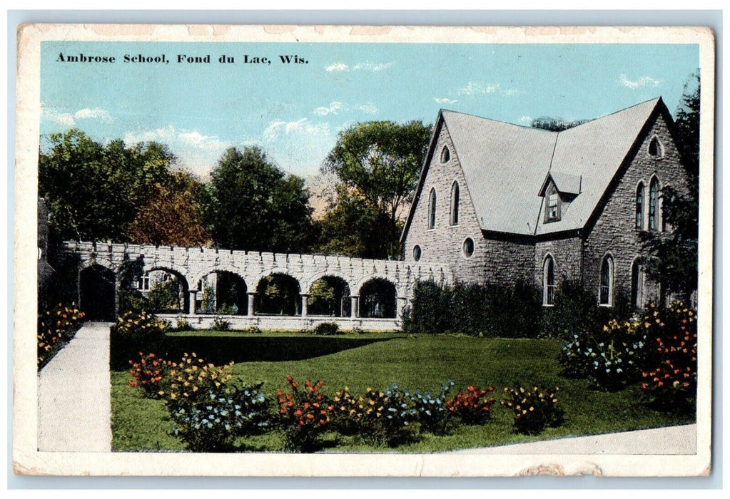 1917 Ambrose School Garden Exterior Building Fond Du Lac Wisconsin WI Postcard