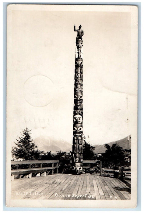 1928 Wolf Totem Pole Prince Rupert British Columbia Canada RPPC Photo Postcard