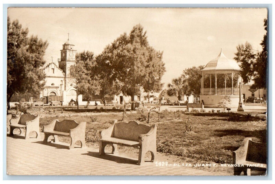 c1930's Plaza View Park Benches Reynosa Mexico RPPC Photo Posted Postcard