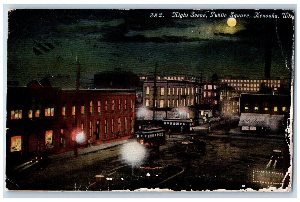 1912 Night Scene Public Square Exterior Building Moon Kenosha Wisconsin Postcard