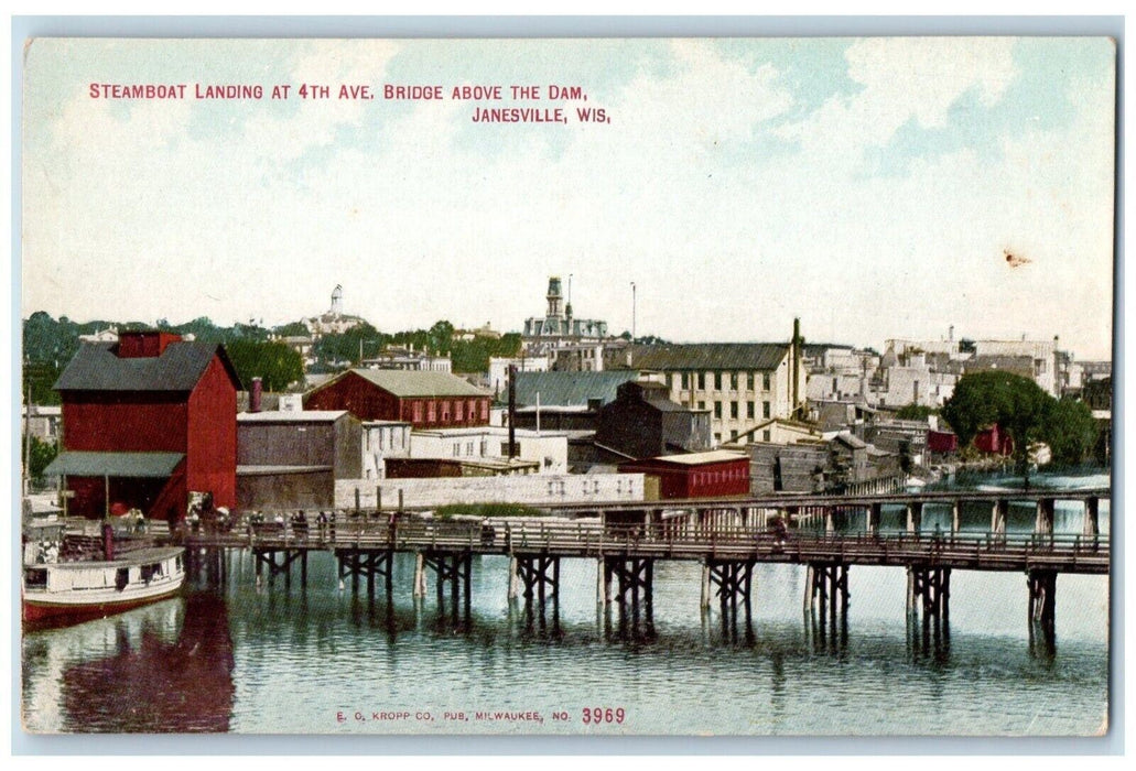 1910 Steamboat Landing 4th Avenue Bridge Dam Pier Janesville Wisconsin  Postcard