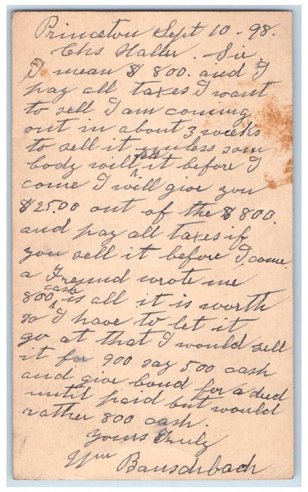 1898 Selling Item Taxes CW Haller Attorney Princeton IL Omaha NE Postal Card